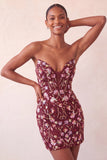 Sparkly Floral Pink Corset Sequin Tight Short Homecoming Dress