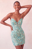 Sparkly Floral Pink Corset Sequin Tight Short Homecoming Dress