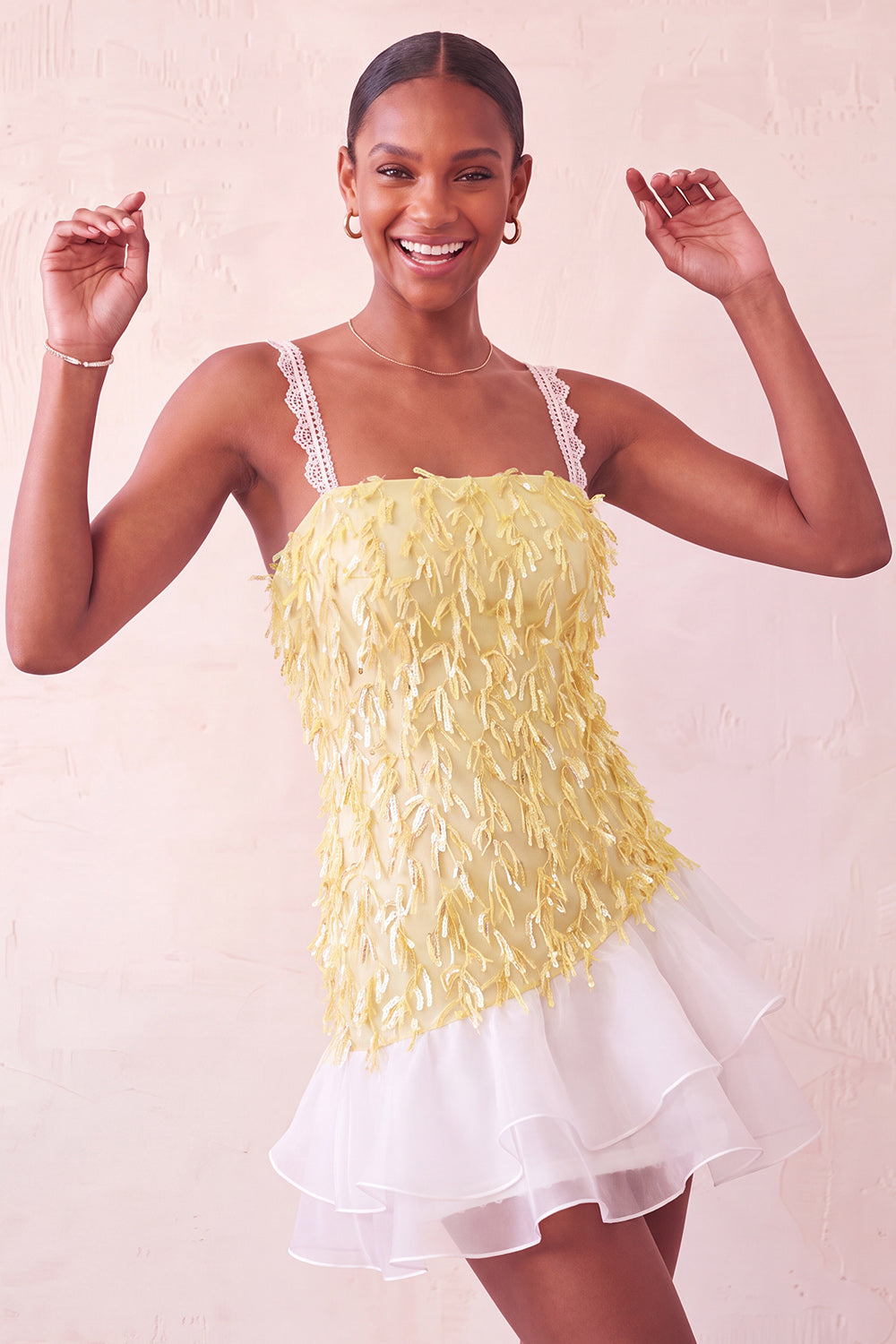 Light Yellow Appliqued Ruffled A-Line Short Homecoming Dress with Lace