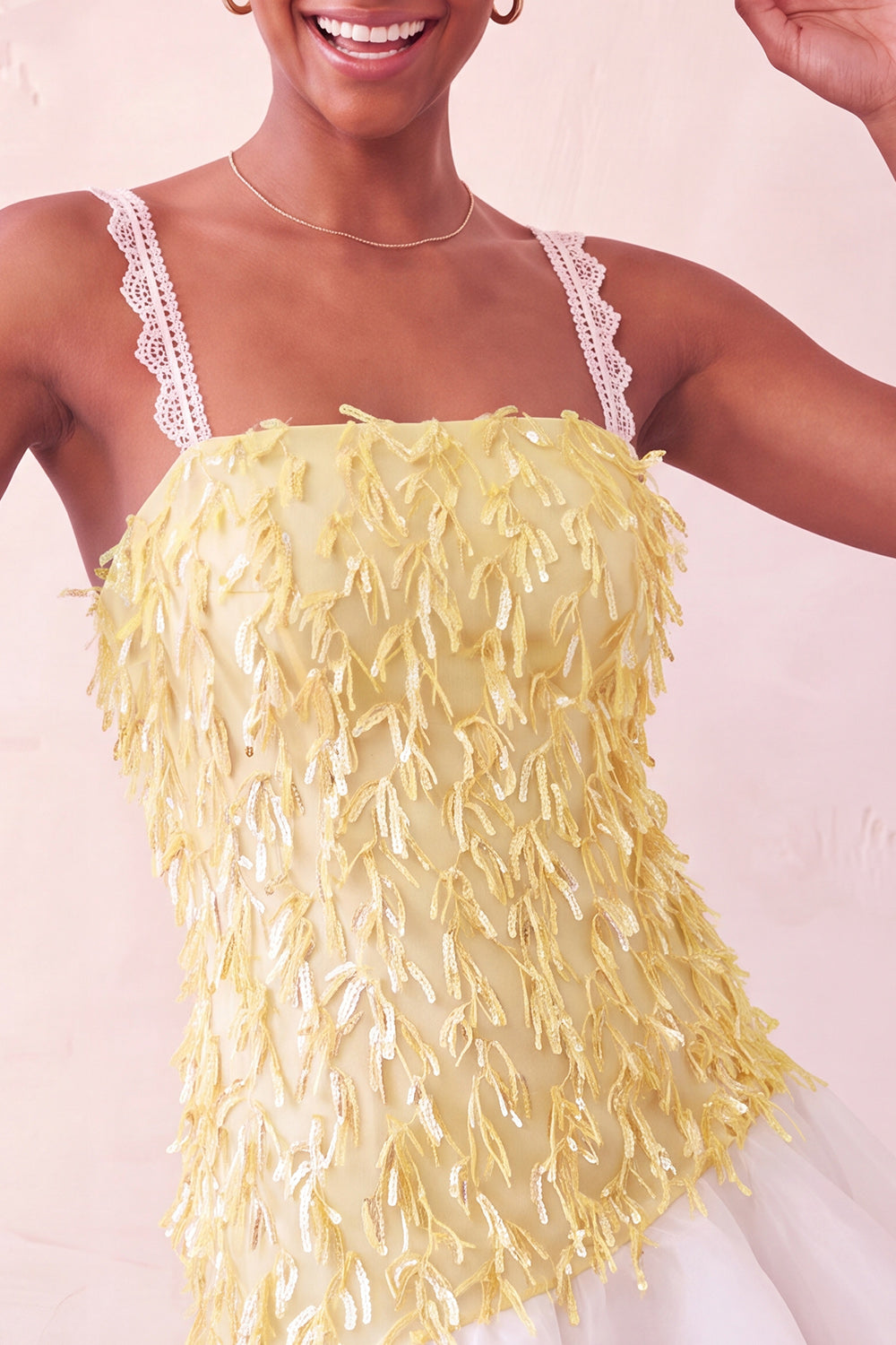 Light Yellow Appliqued Ruffled A-Line Short Homecoming Dress with Lace