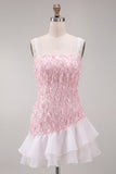 Light Yellow Appliqued Ruffled A-Line Short Homecoming Dress with Lace