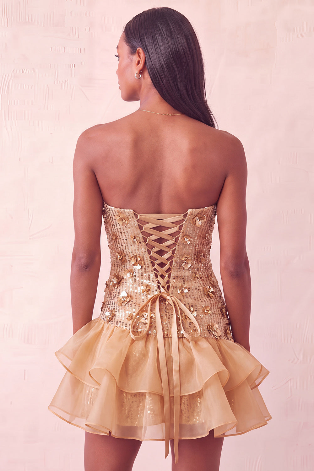 Sparkly Champagne Floral Sequin Ruffled Tight Short Homecoming Dress
