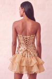 Sparkly Champagne Floral Sequin Ruffled Tight Short Homecoming Dress