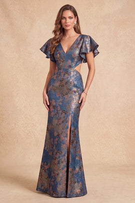 Navy Floral Mermaid V-Neck Long Formal Dress with Slit