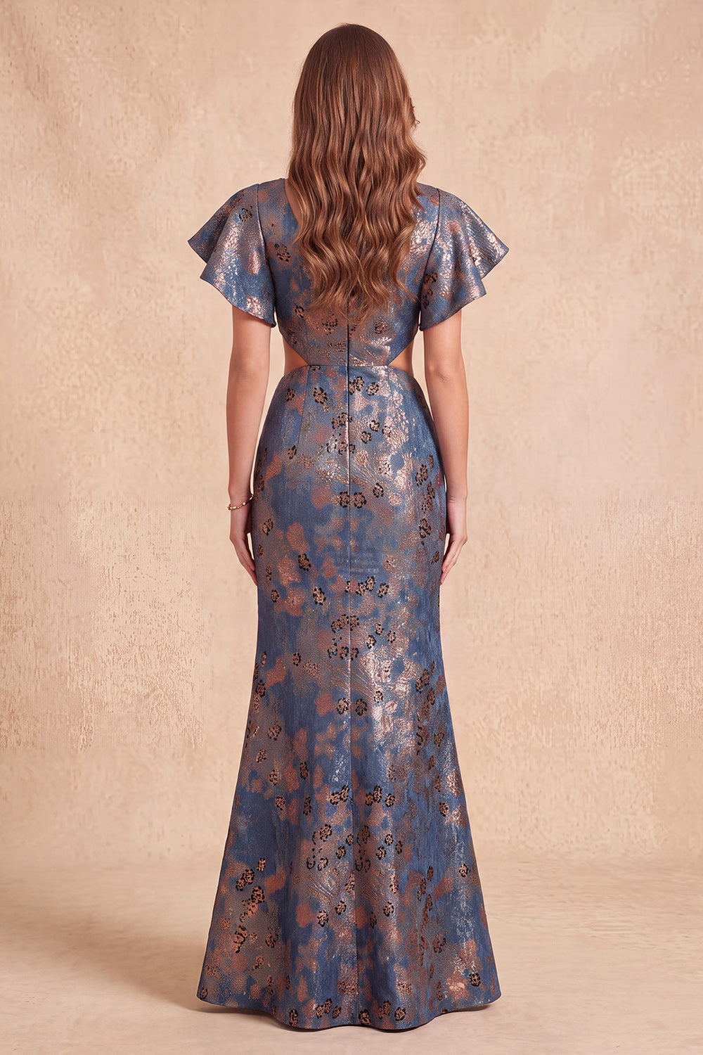 Navy Floral Mermaid V-Neck Long Formal Dress with Slit