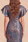 Navy Floral Mermaid V-Neck Long Formal Dress with Slit