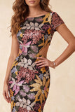 Sparkly Black Floral Sequin Boat Neck Mermaid Long Formal Dress