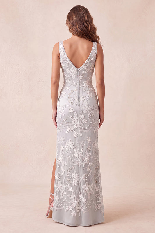 Sparkly Light Grey Floral Beaded Mermaid Long Formal Dress with Slit