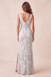 Sparkly Light Grey Floral Beaded Mermaid Long Formal Dress with Slit