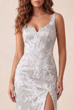 Sparkly Light Grey Floral Beaded Mermaid Long Formal Dress with Slit