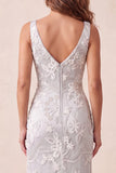 Sparkly Light Grey Floral Beaded Mermaid Long Formal Dress with Slit