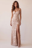 Sparkly Champagne Floral Sequin Mermaid Long Formal Dress with Slit