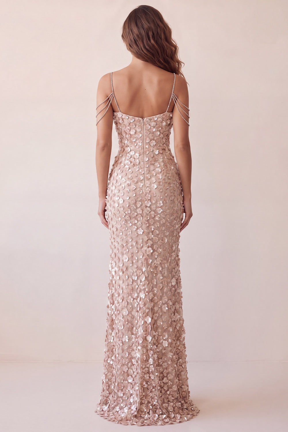 Sparkly Champagne Floral Sequin Mermaid Long Formal Dress with Slit