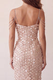 Sparkly Champagne Floral Sequin Mermaid Long Formal Dress with Slit