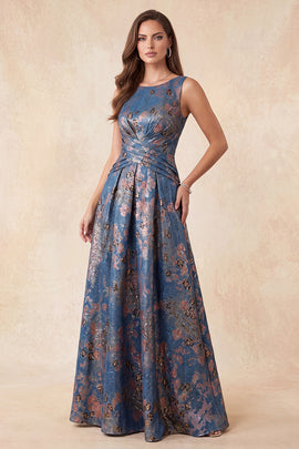 Navy Floral A-Line Boat Neck Ruched Long Formal Dress
