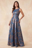 Navy Floral A-Line Boat Neck Ruched Long Formal Dress