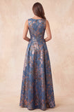 Navy Floral A-Line Boat Neck Ruched Long Formal Dress