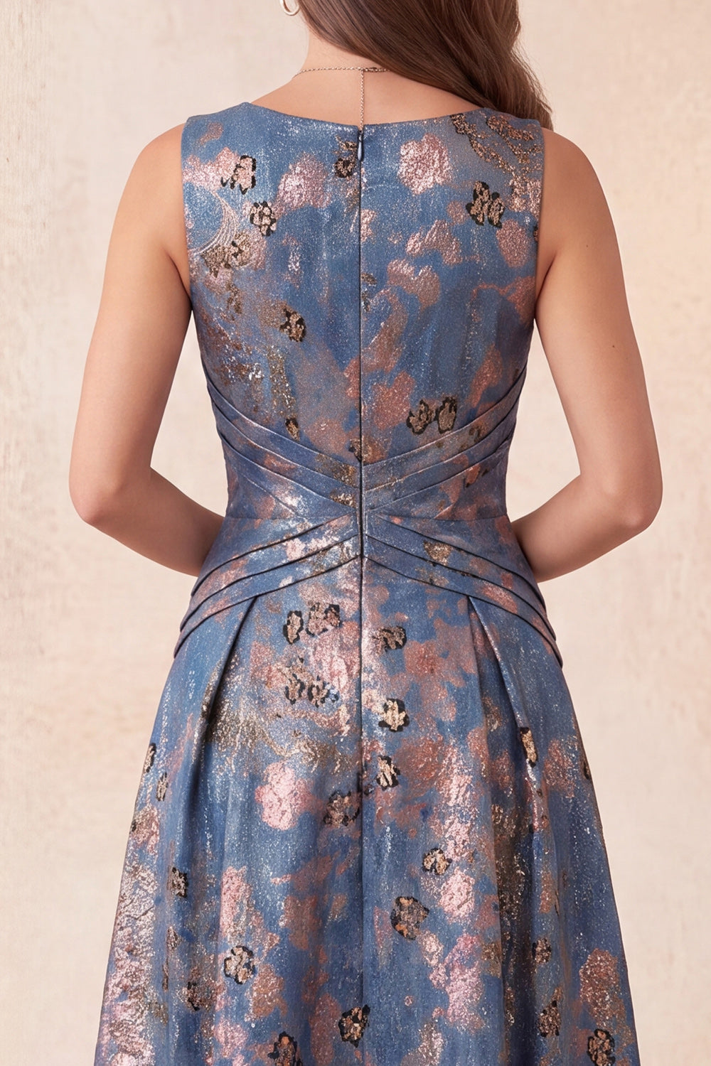 Navy Floral A-Line Boat Neck Ruched Long Formal Dress