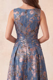 Navy Floral A-Line Boat Neck Ruched Long Formal Dress