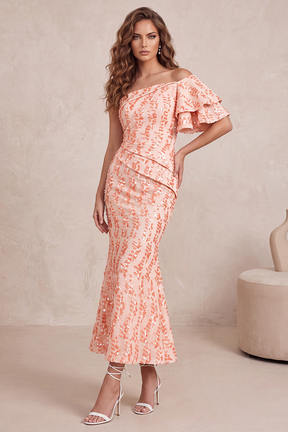 Peach Sparkly Mermaid Sequin One Shoulder Long Formal Dress