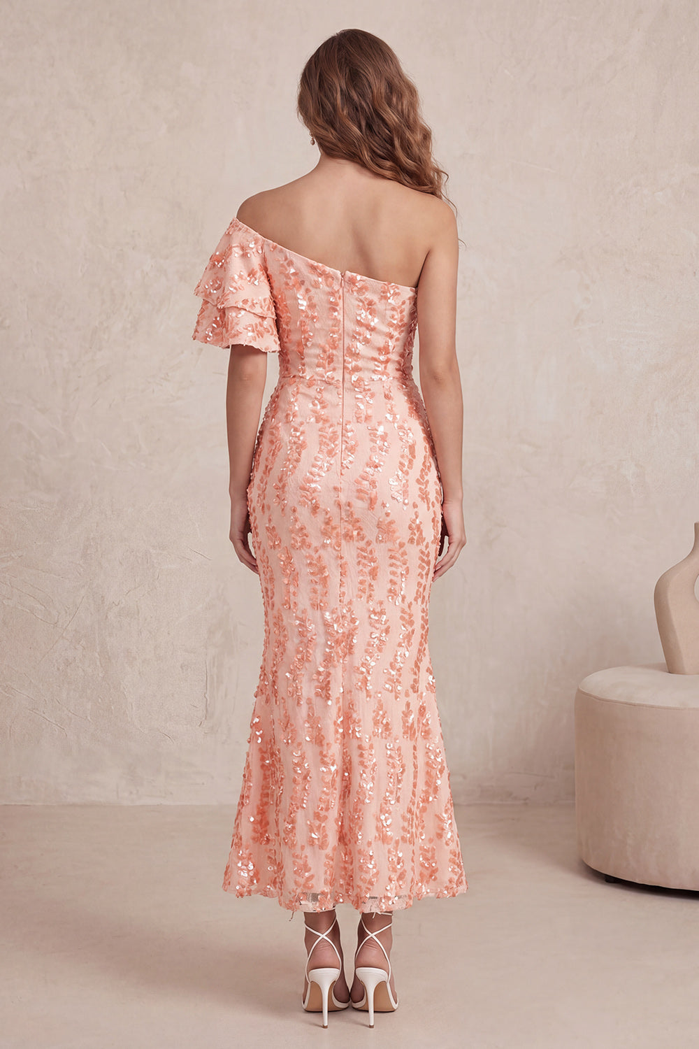Peach Sparkly Mermaid Sequin One Shoulder Long Formal Dress