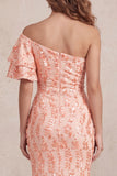 Peach Sparkly Mermaid Sequin One Shoulder Long Formal Dress