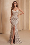 Floral Champagne Sparkly Sequin Mermaid Long Formal Dress with Slit