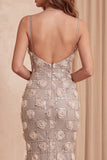 Floral Champagne Sparkly Sequin Mermaid Long Formal Dress with Slit