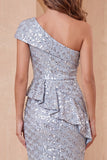 Dusty Blue Sparkly Mermaid Ruffled Sequin Long Formal Dress with Slit