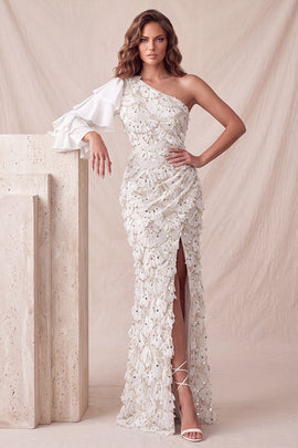 Floral Sparkly Light Grey Mermaid Flutter Sleeve Long Formal Dress with Slit