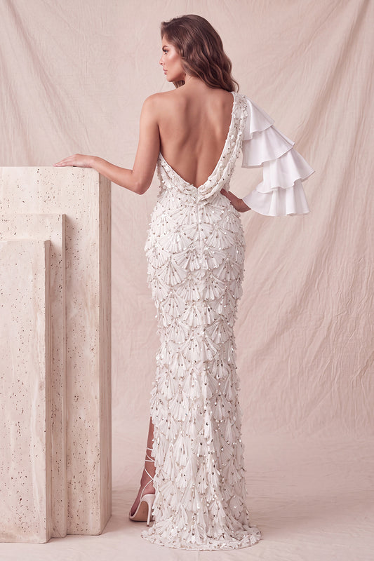 Floral Sparkly Light Grey Mermaid Flutter Sleeve Long Formal Dress with Slit