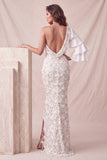 Floral Sparkly Light Grey Mermaid Flutter Sleeve Long Formal Dress with Slit