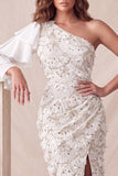 Floral Sparkly Light Grey Mermaid Flutter Sleeve Long Formal Dress with Slit