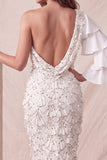 Floral Sparkly Light Grey Mermaid Flutter Sleeve Long Formal Dress with Slit