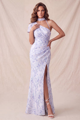 Floral Lilac Mermaid One Shoulder Long Formal Dress with Slit