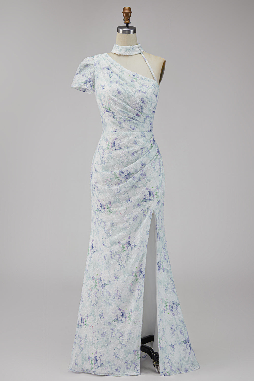 Floral Lilac Mermaid One Shoulder Long Formal Dress with Slit