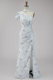 Floral Lilac Mermaid One Shoulder Long Formal Dress with Slit