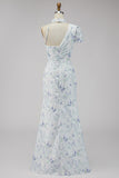 Floral Lilac Mermaid One Shoulder Long Formal Dress with Slit