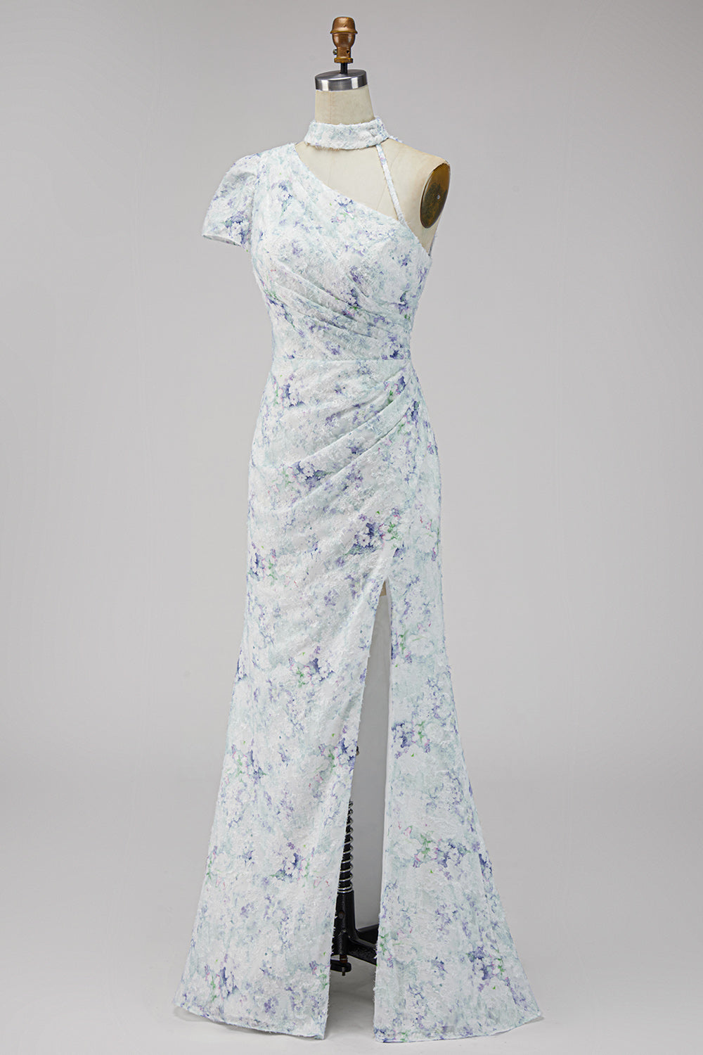 Floral Lilac Mermaid One Shoulder Long Formal Dress with Slit