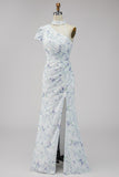 Floral Lilac Mermaid One Shoulder Long Formal Dress with Slit