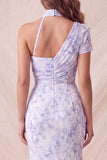 Floral Lilac Mermaid One Shoulder Long Formal Dress with Slit