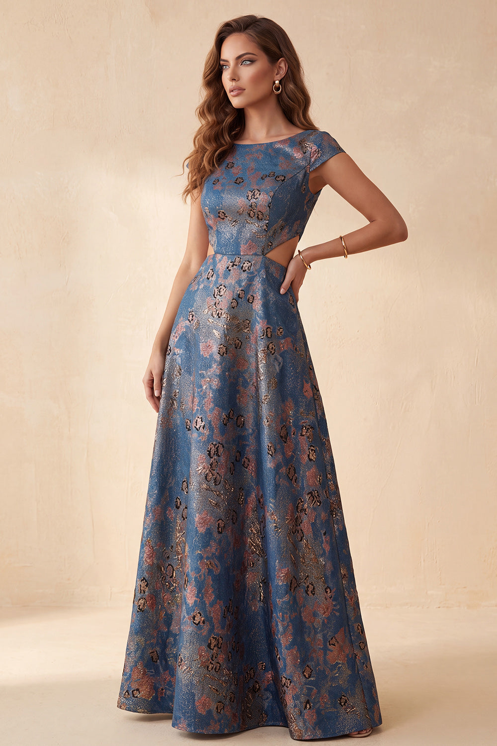Floral Navy A-Line Boat Neck Cut Out Long Formal Dress