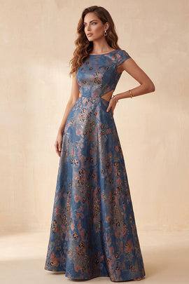 Floral Navy A-Line Boat Neck Cut Out Long Formal Dress