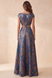 Floral Navy A-Line Boat Neck Cut Out Long Formal Dress