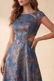 Floral Navy A-Line Boat Neck Cut Out Long Formal Dress