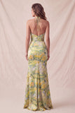 Floral Yellow Mermaid Ruffled Halter Long Formal Dress with Slit