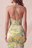 Floral Yellow Mermaid Ruffled Halter Long Formal Dress with Slit