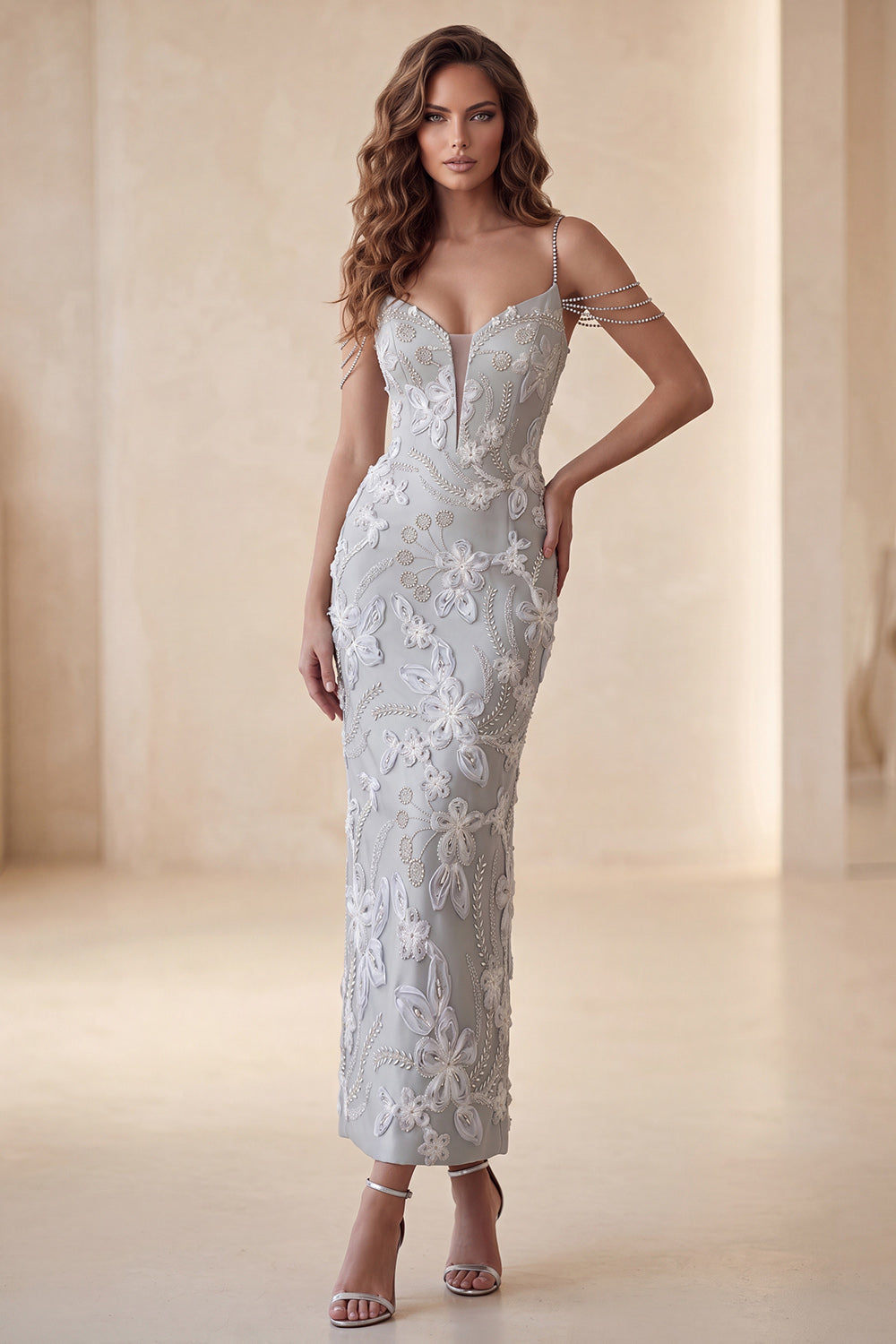 Floral Sparkly Light Grey Beaded Sheath Long Formal Dress