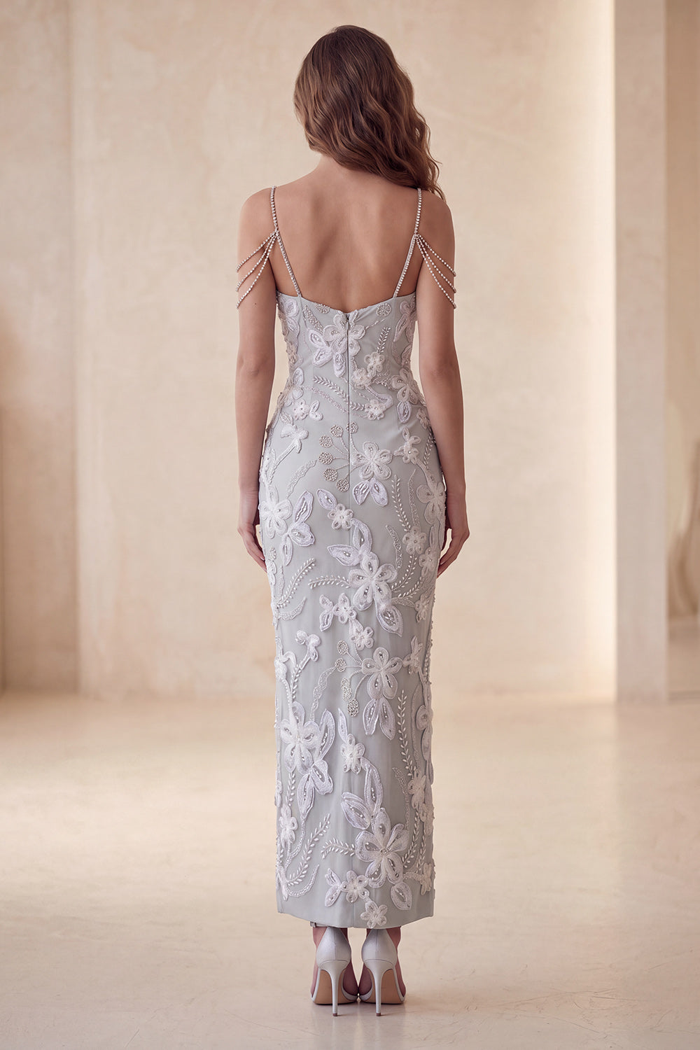 Floral Sparkly Light Grey Beaded Sheath Long Formal Dress