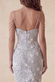Floral Sparkly Light Grey Beaded Sheath Long Formal Dress